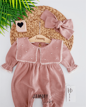 maita kalp işlemeli bandanali tulum set - sütlü kahve - Justyol