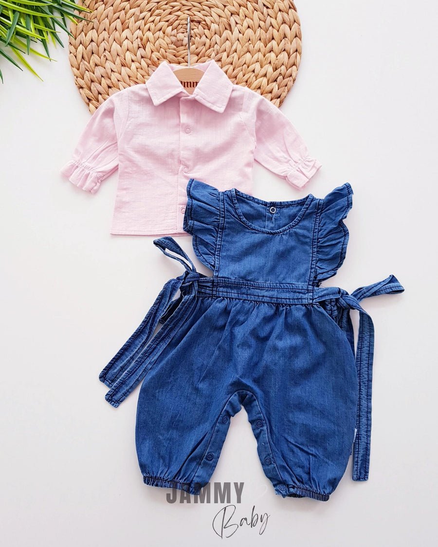 Miranda Side Tie Jean Salopet&Shirt Set - PINK - Justyol