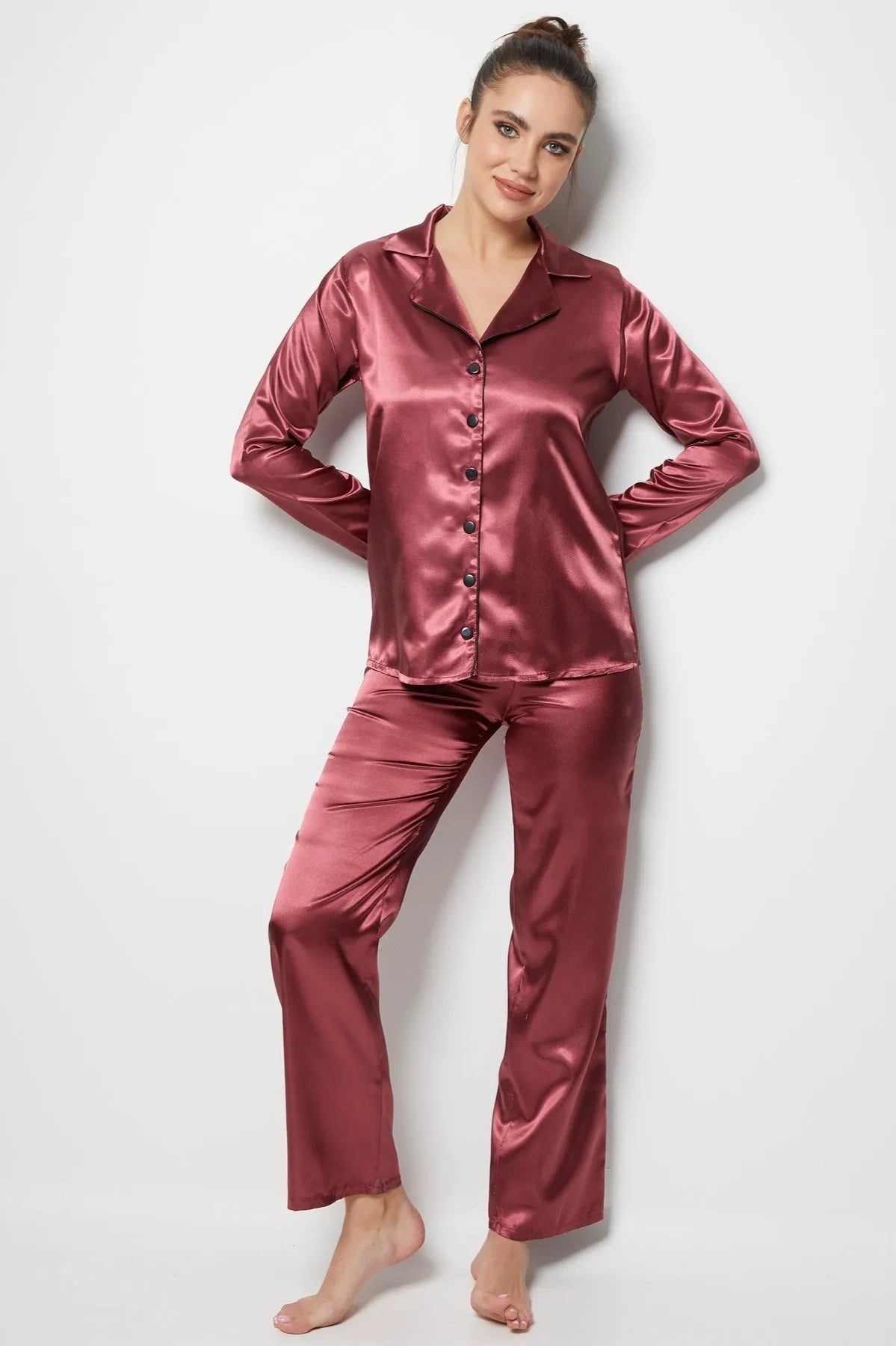 faryanight saten uzun kollu düğmeli gömlek pijama takimi - Justyol