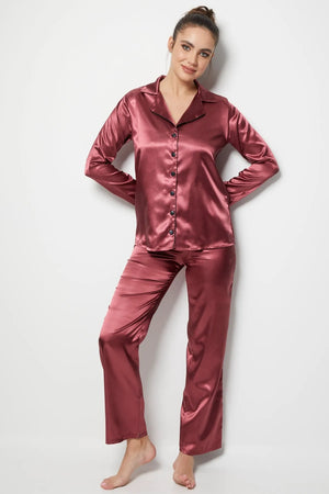 faryanight saten uzun kollu düğmeli gömlek pijama takimi - Justyol