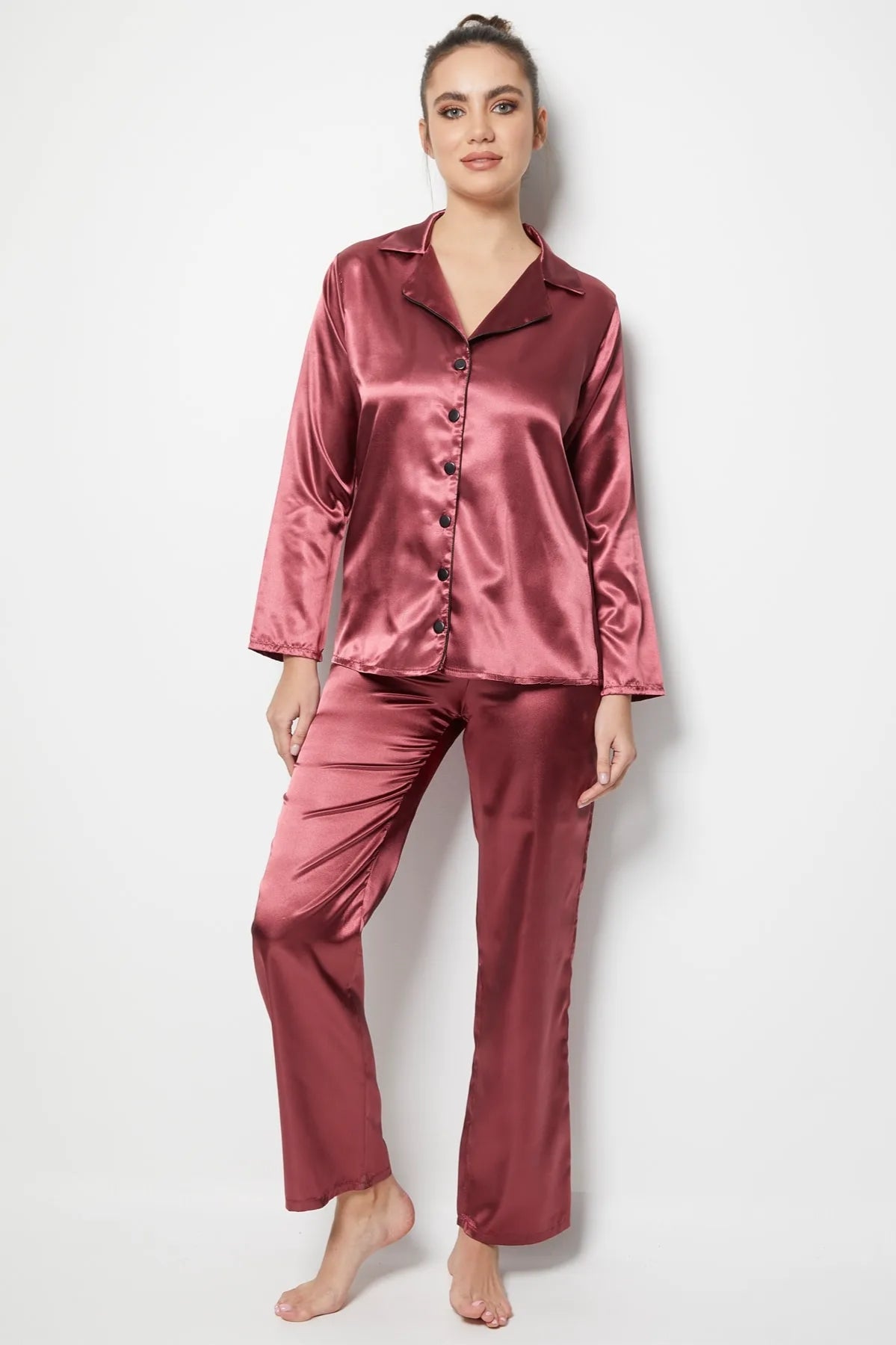 faryanight saten uzun kollu düğmeli gömlek pijama takimi - Justyol