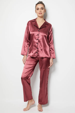 faryanight saten uzun kollu düğmeli gömlek pijama takimi - Justyol