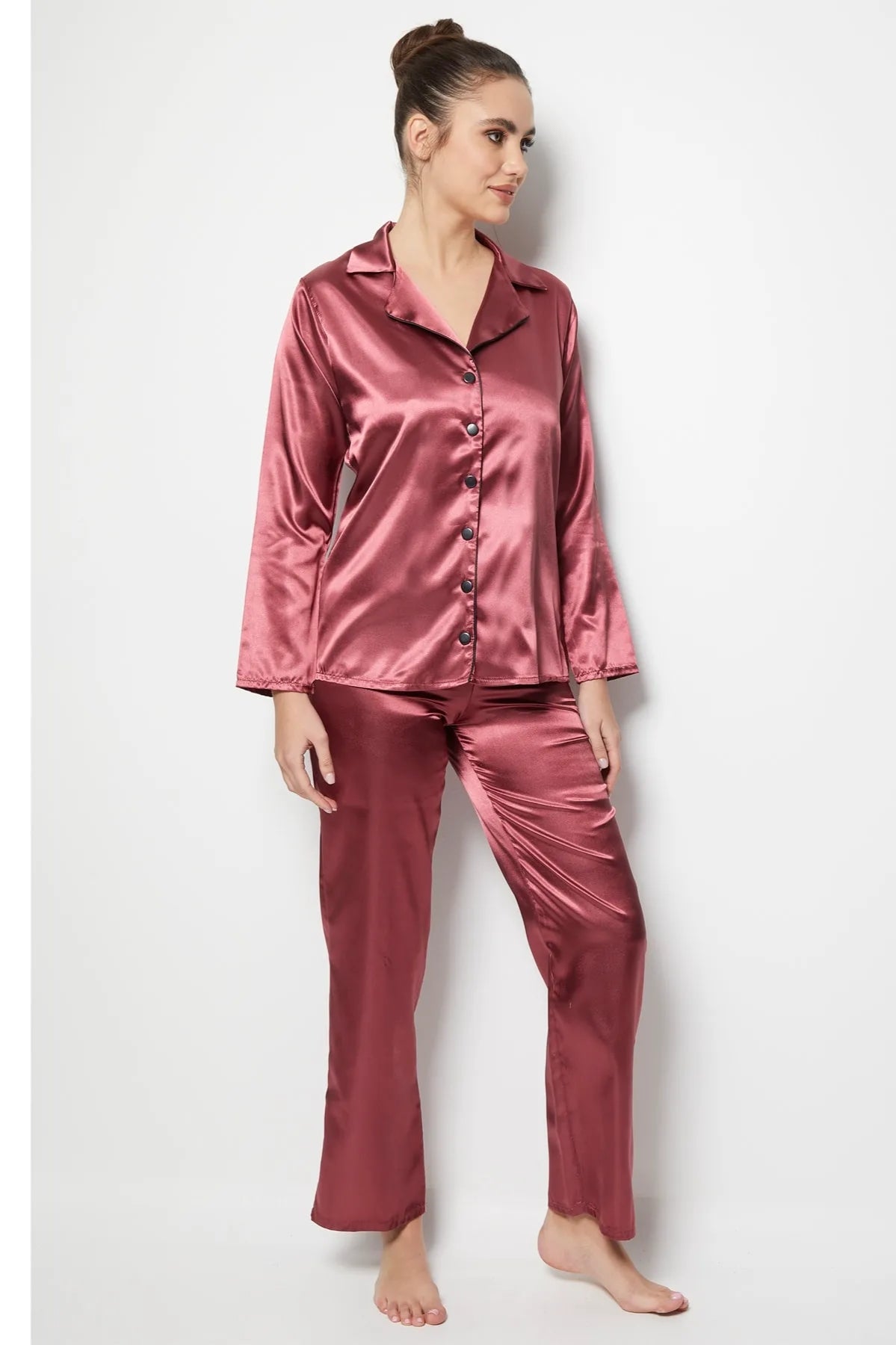 faryanight saten uzun kollu düğmeli gömlek pijama takimi - Justyol