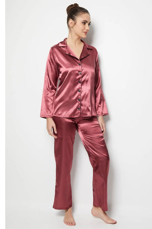 faryanight saten uzun kollu düğmeli gömlek pijama takimi - Justyol