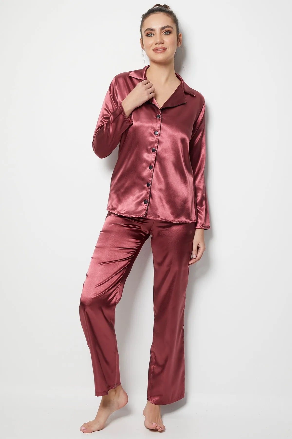 faryanight saten uzun kollu düğmeli gömlek pijama takimi - Justyol