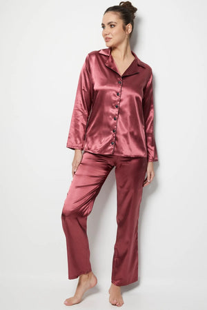 faryanight saten uzun kollu düğmeli gömlek pijama takimi - Justyol
