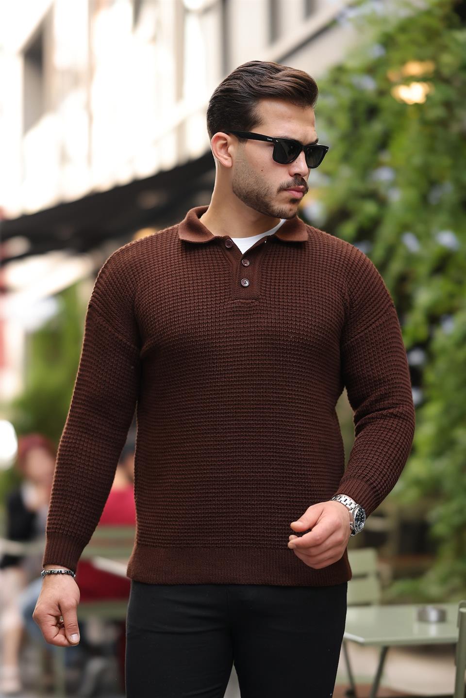 modern fit polo yaka çizgili triko kazak - Justyol