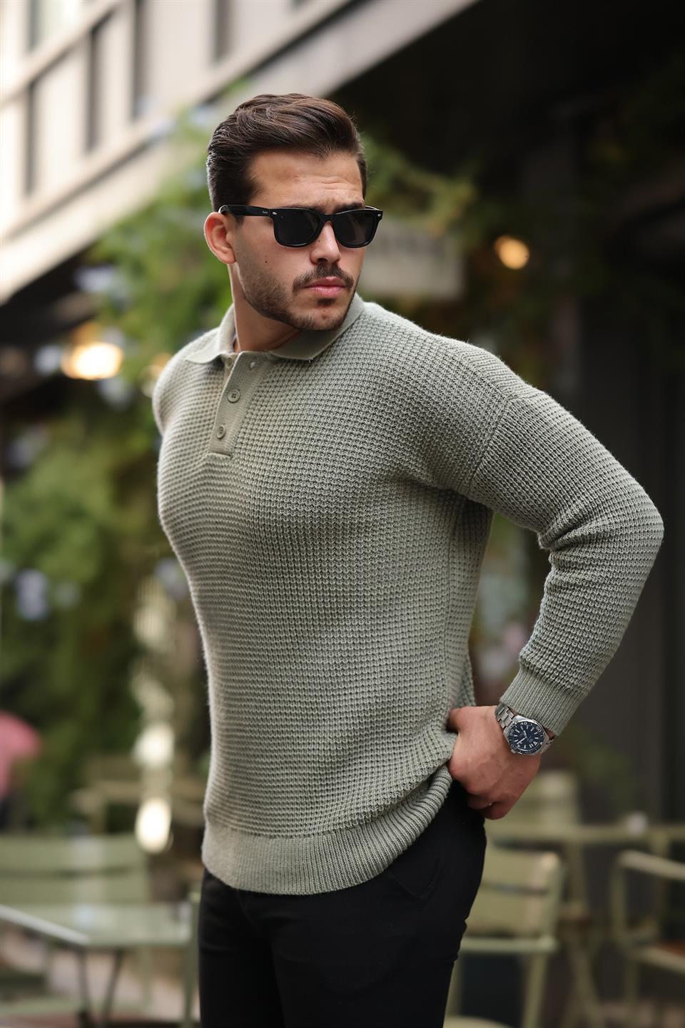modern fit polo yaka çizgili triko kazak - Justyol