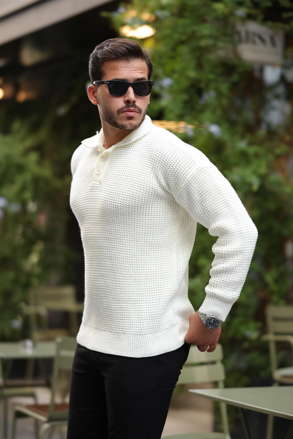modern fit polo yaka çizgili triko kazak - Justyol