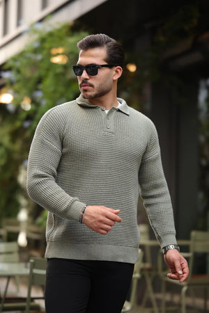 modern fit polo yaka çizgili triko kazak - Justyol
