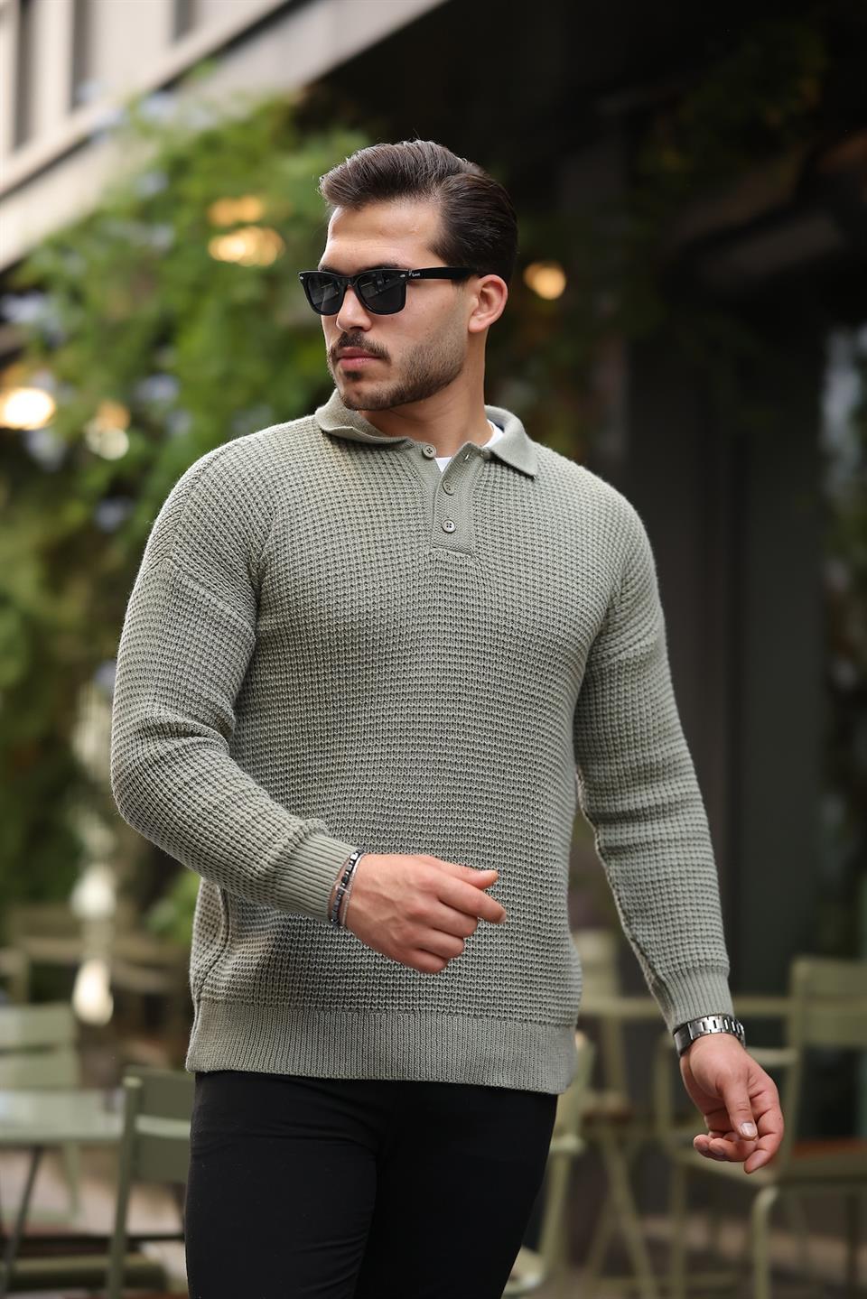 modern fit polo yaka çizgili triko kazak - Justyol