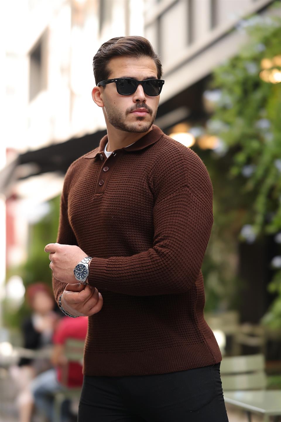 modern fit polo yaka çizgili triko kazak - Justyol