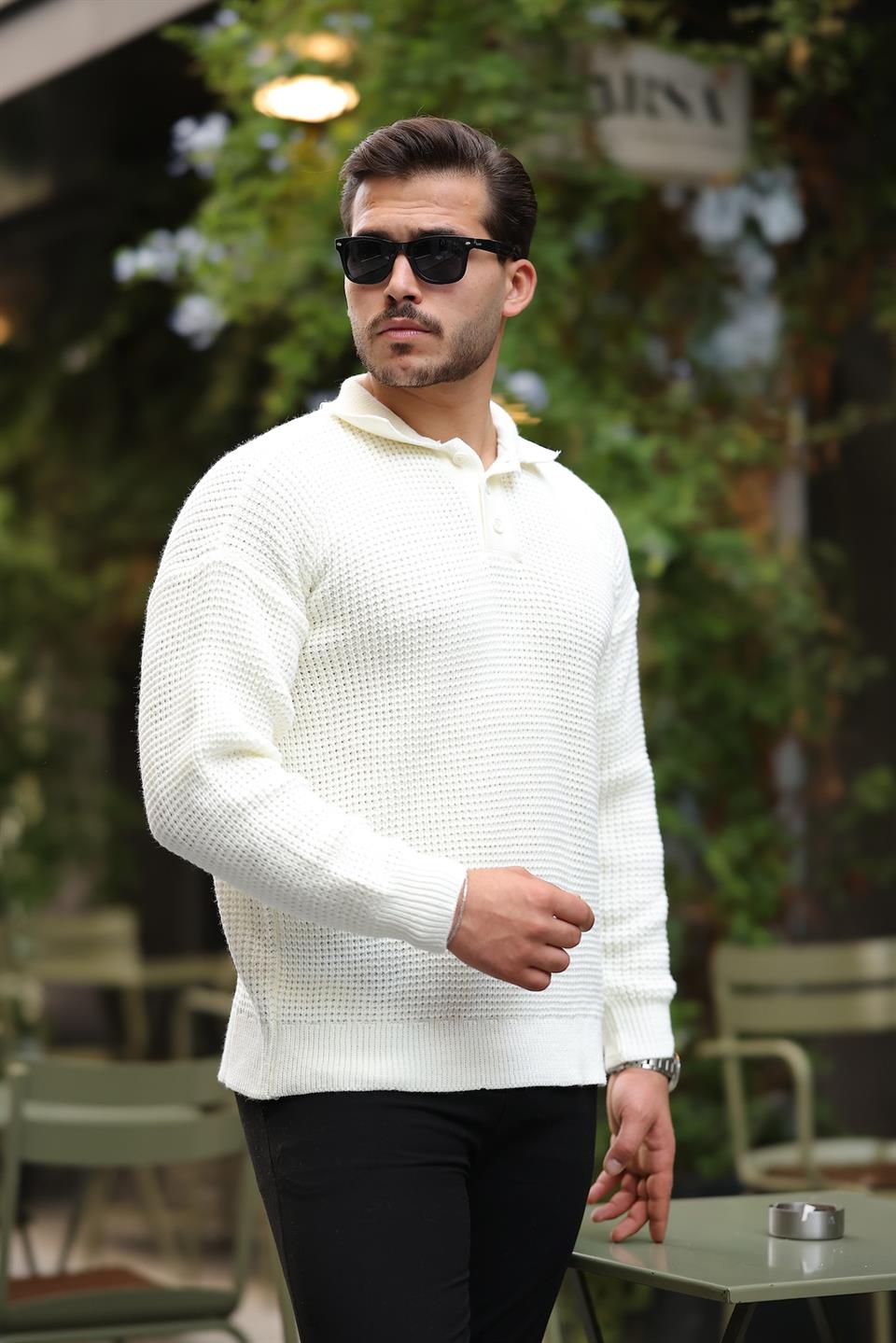 modern fit polo yaka çizgili triko kazak - Justyol