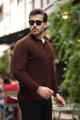 modern fit polo yaka çizgili triko kazak - Justyol
