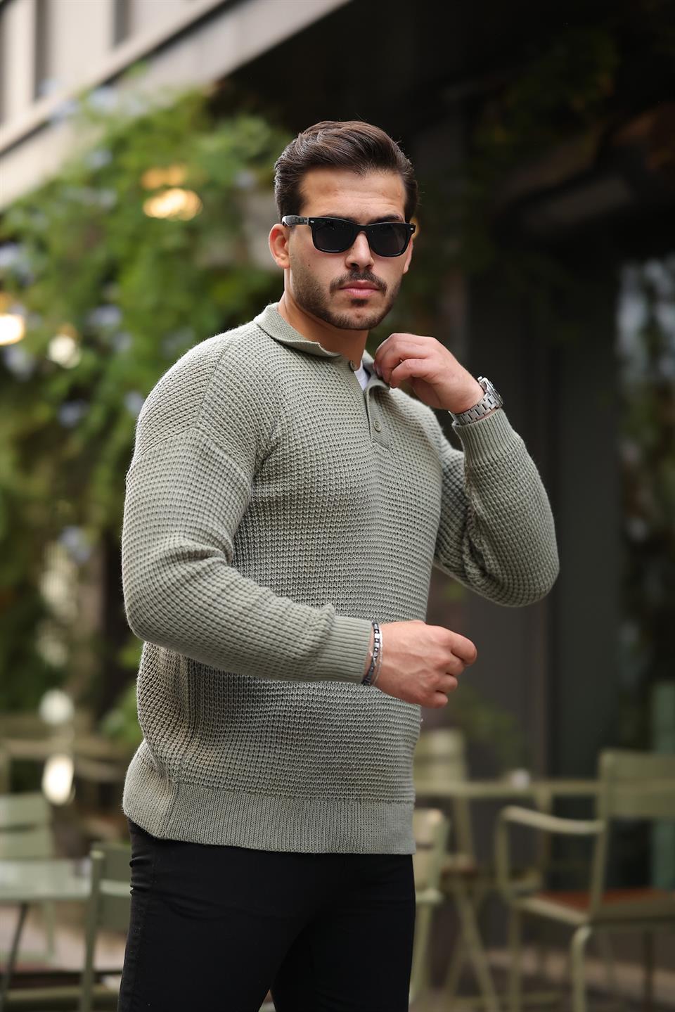 modern fit polo yaka çizgili triko kazak - Justyol