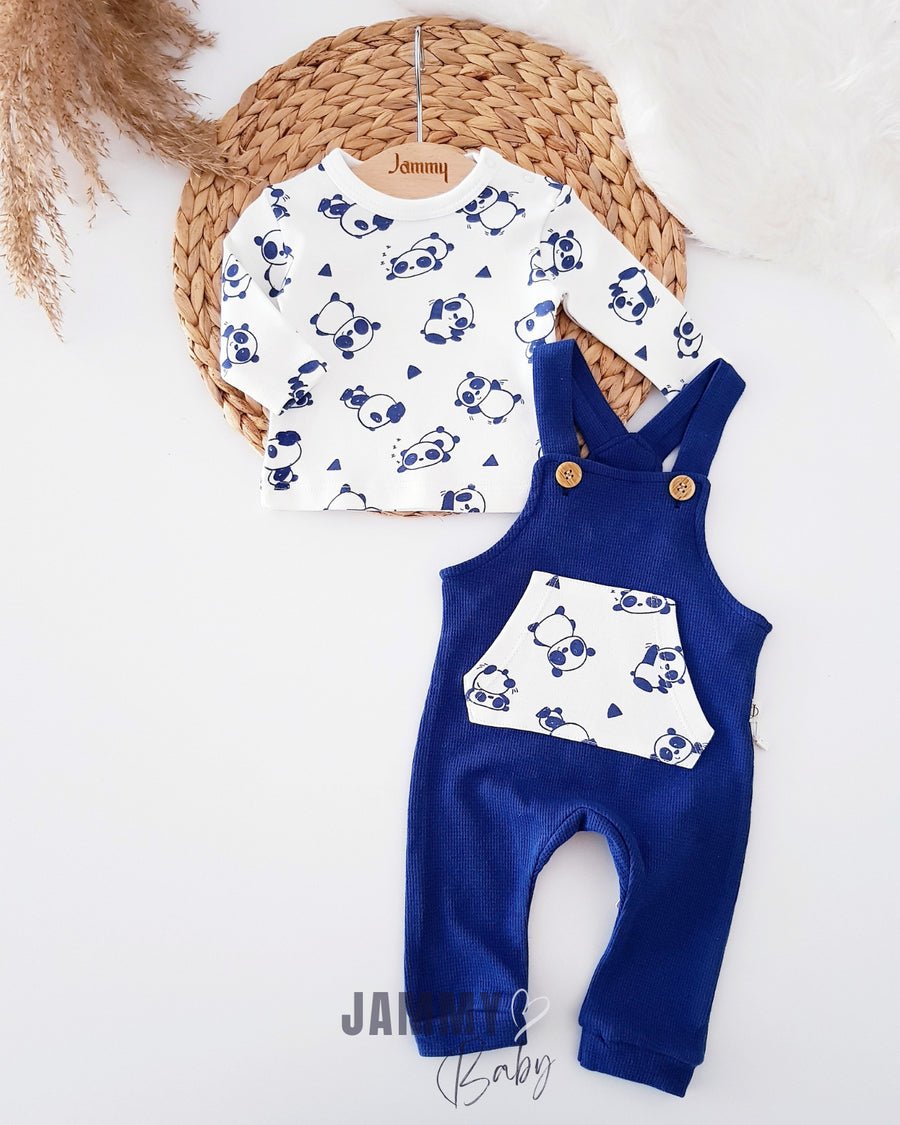 Naughty Panda Waffle Salopette Set - DARK BLUE - Justyol