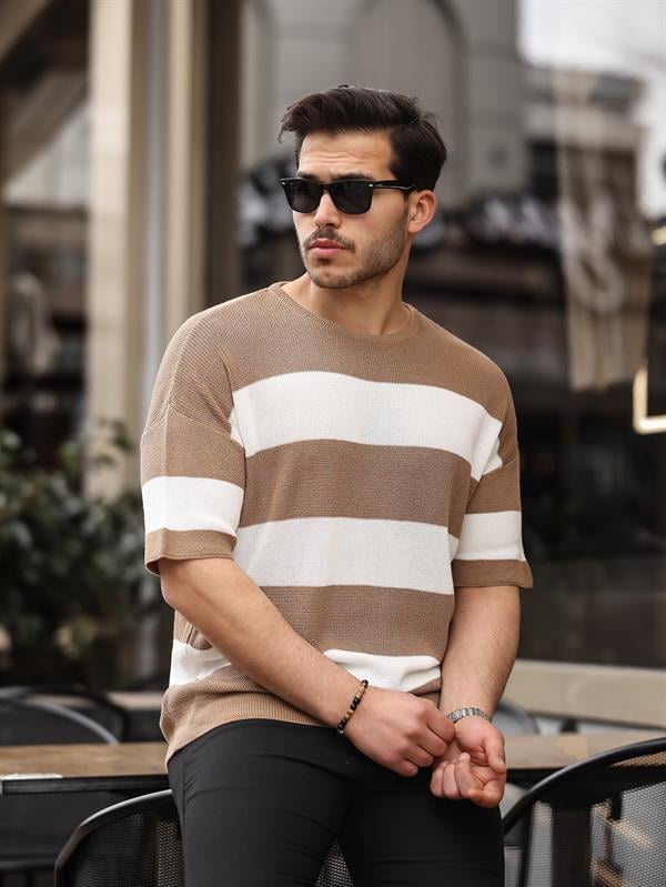 Oversize Çizgili Basic Triko T-Shirt - Justyol