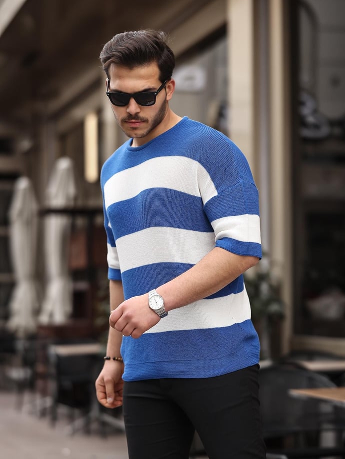 Oversize Çizgili Basic Triko T-Shirt - Justyol
