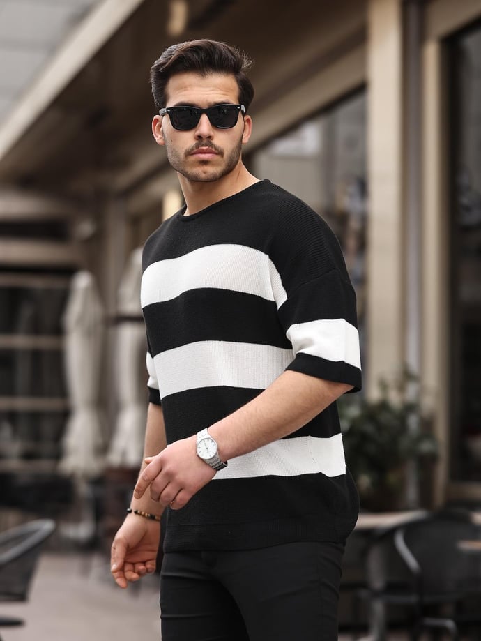Oversize Çizgili Basic Triko T-Shirt - Justyol