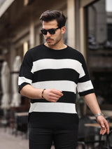 Oversize Çizgili Basic Triko T-Shirt - Justyol