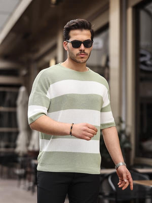 Oversize Çizgili Basic Triko T-Shirt - Justyol