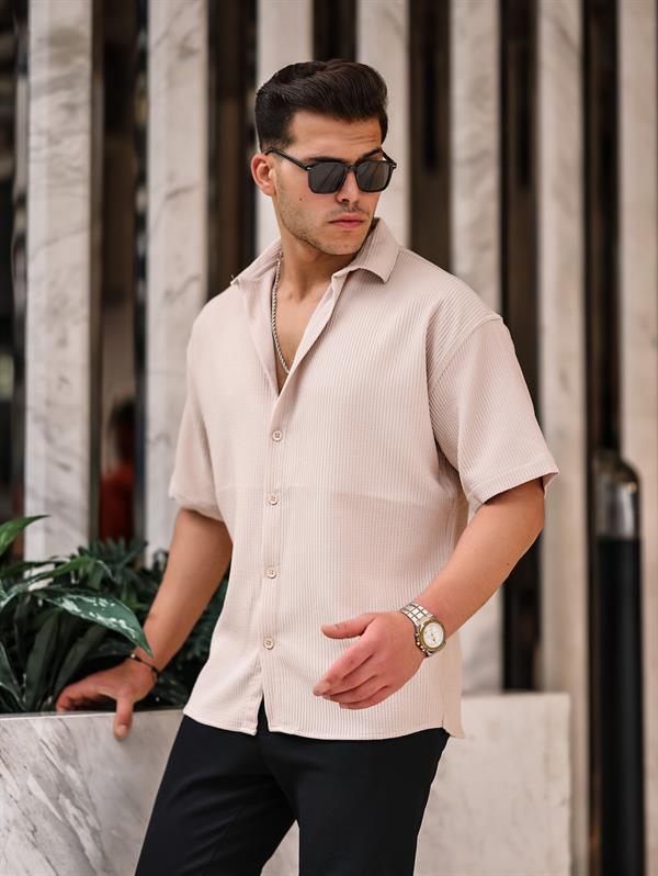 Oversize Rahat Fitilli Kısa Kol Erkek Gömlek - Justyol