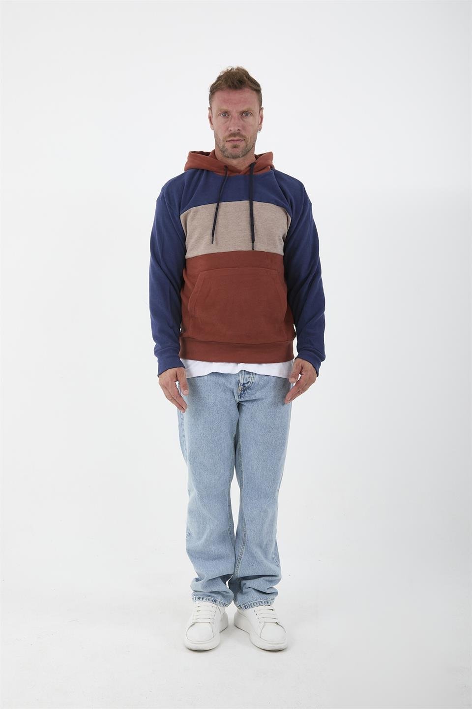 oversize kapüşonlu 3 renk blok selanik örme erkek sweatshirt - Justyol