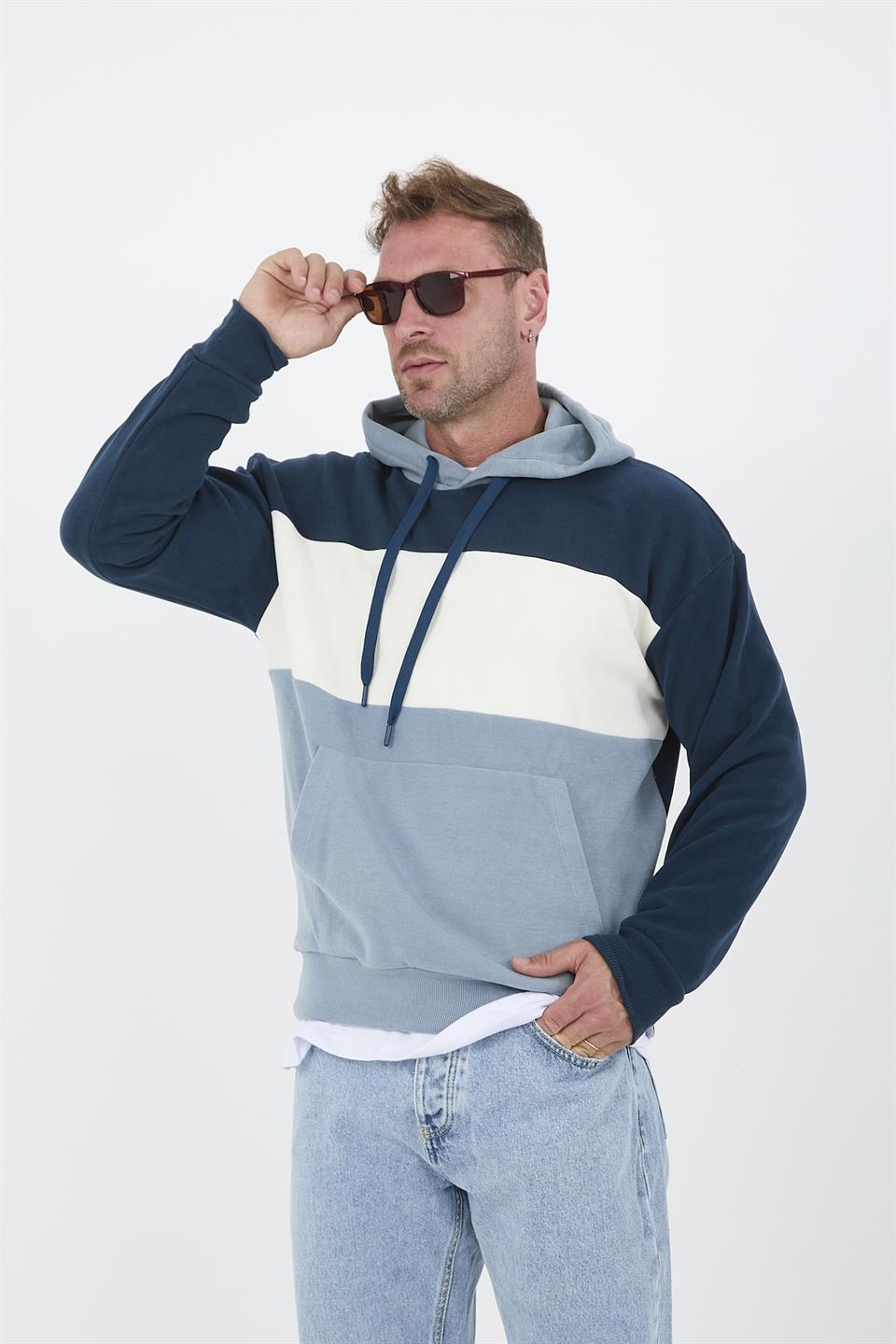 oversize kapüşonlu 3 renk blok selanik örme erkek sweatshirt - Justyol