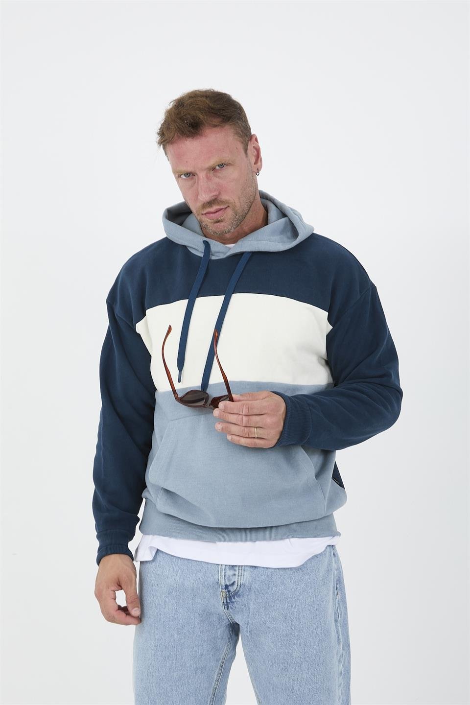 oversize kapüşonlu 3 renk blok selanik örme erkek sweatshirt - Justyol