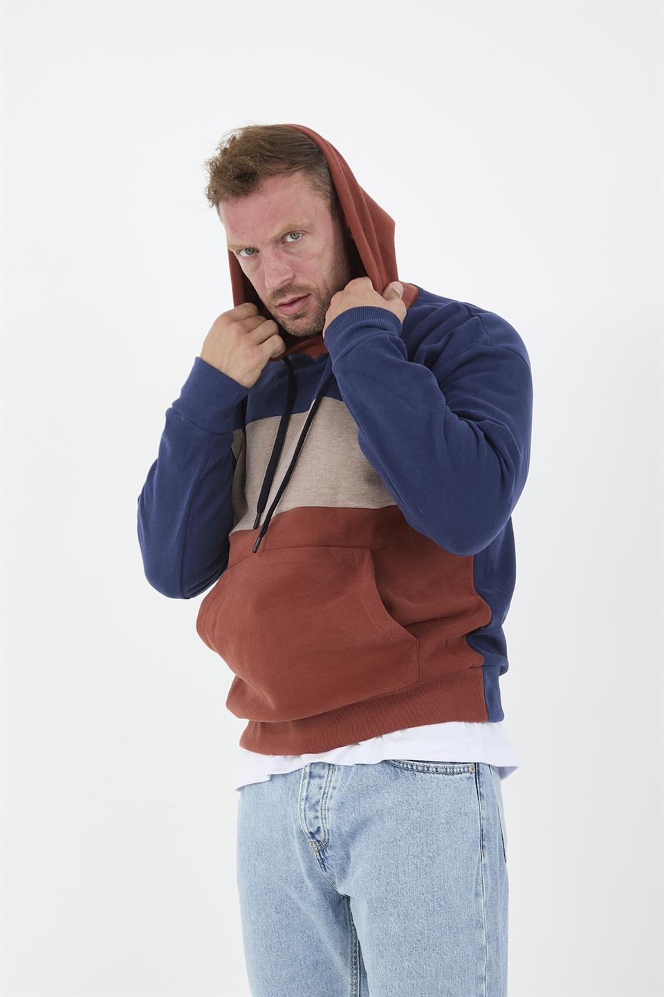 oversize kapüşonlu 3 renk blok selanik örme erkek sweatshirt - Justyol