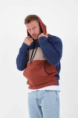oversize kapüşonlu 3 renk blok selanik örme erkek sweatshirt - Justyol