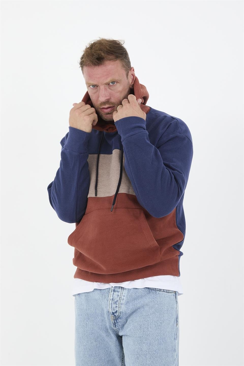 oversize kapüşonlu 3 renk blok selanik örme erkek sweatshirt - Justyol
