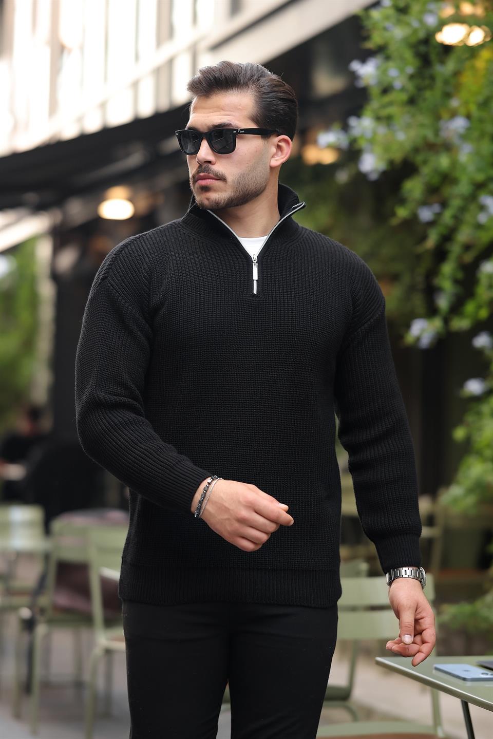 oversize selanik örgü yarim fermuar erkek triko kazak - Justyol