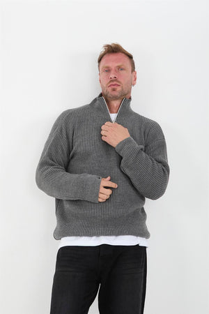 oversize selanik örgü yarim fermuar erkek triko kazak - Justyol
