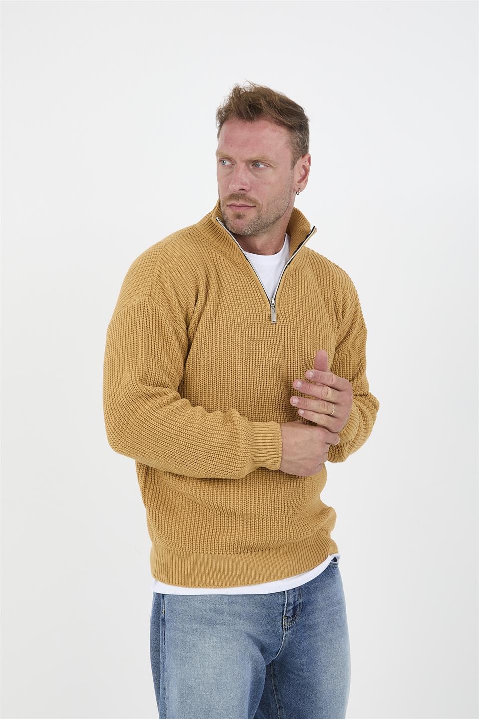 oversize selanik örgü yarim fermuar erkek triko kazak - Justyol