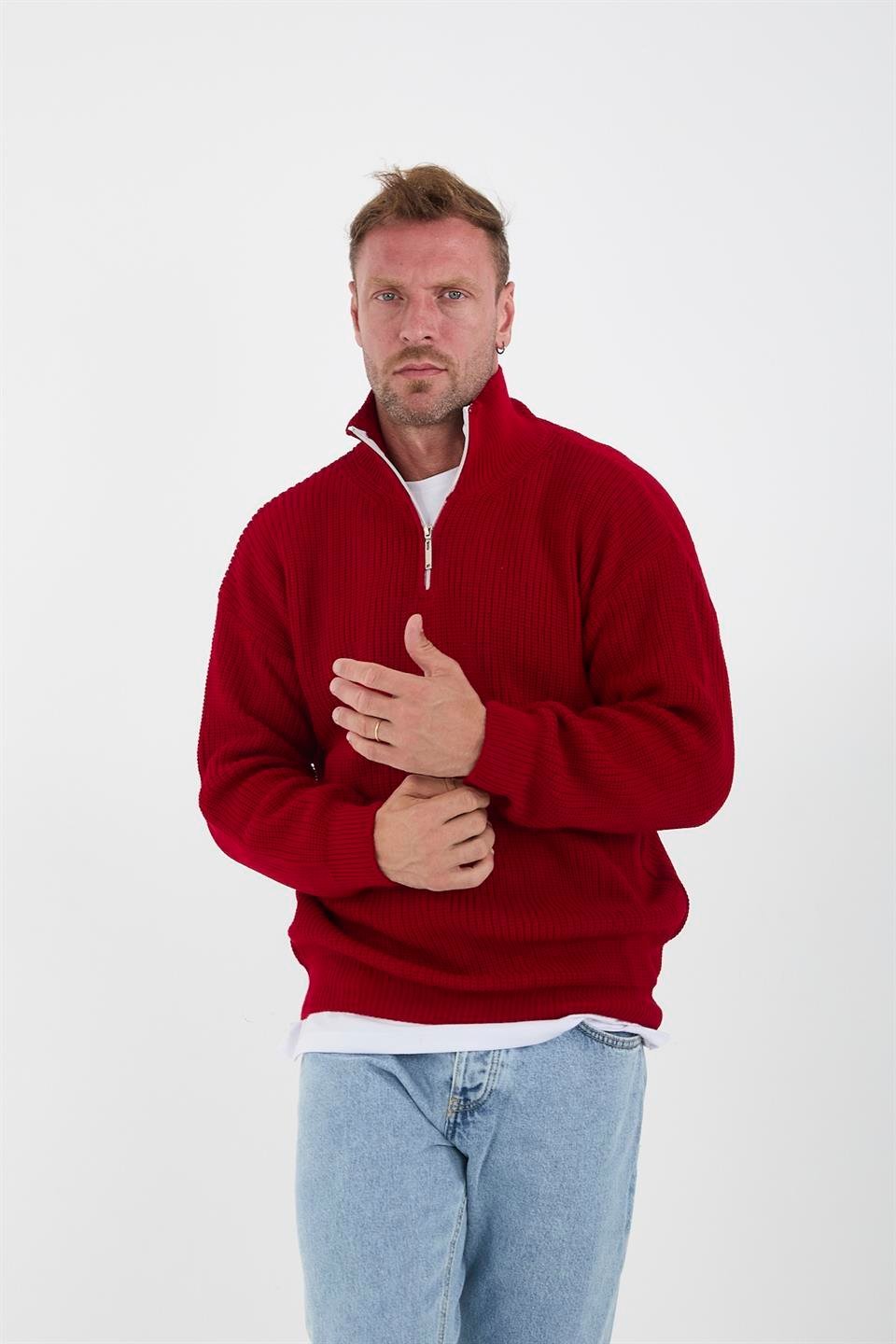 oversize selanik örgü yarim fermuar erkek triko kazak - Justyol