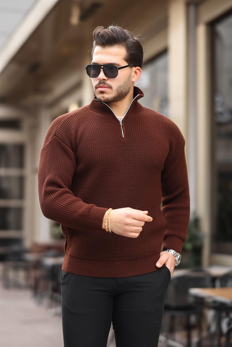 oversize selanik örgü yarim fermuar erkek triko kazak - Justyol