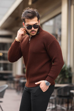 oversize selanik örgü yarim fermuar erkek triko kazak - Justyol