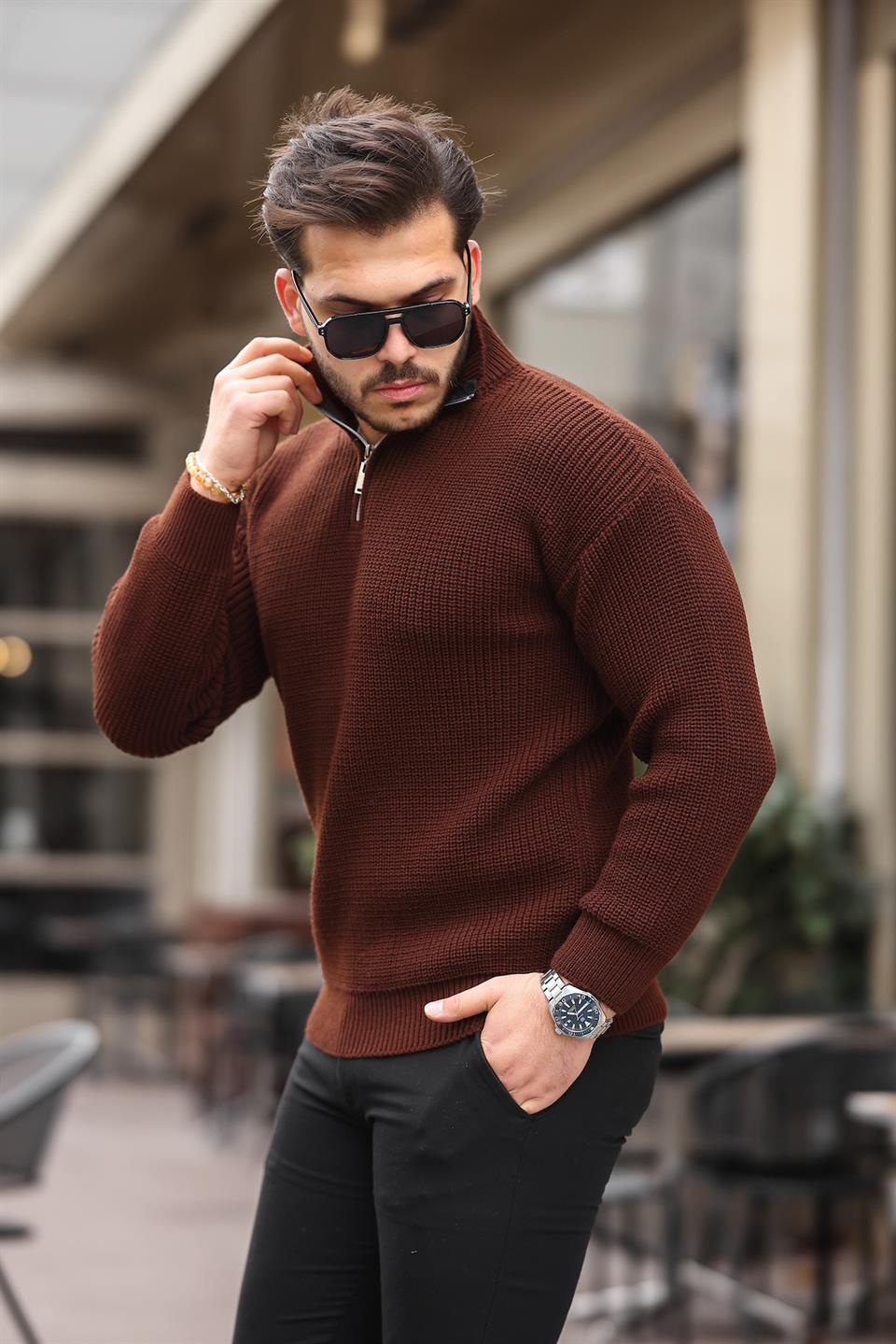 oversize selanik örgü yarim fermuar erkek triko kazak - Justyol