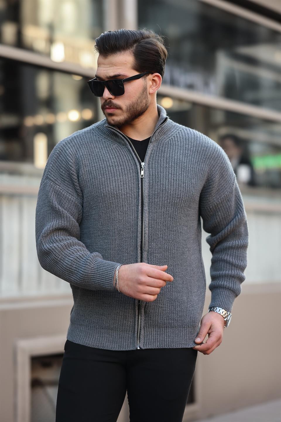 oversize selanik örme fermuarli erkek hirka - Justyol