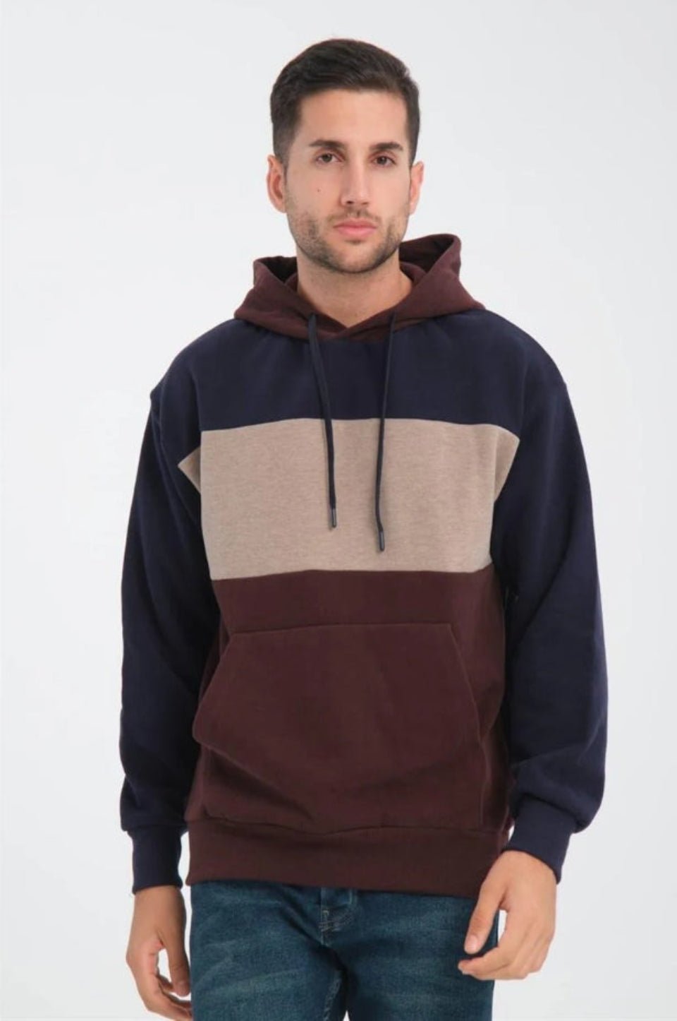 oversize kapüşonlu 3 renk blok selanik örme erkek sweatshirt - Justyol