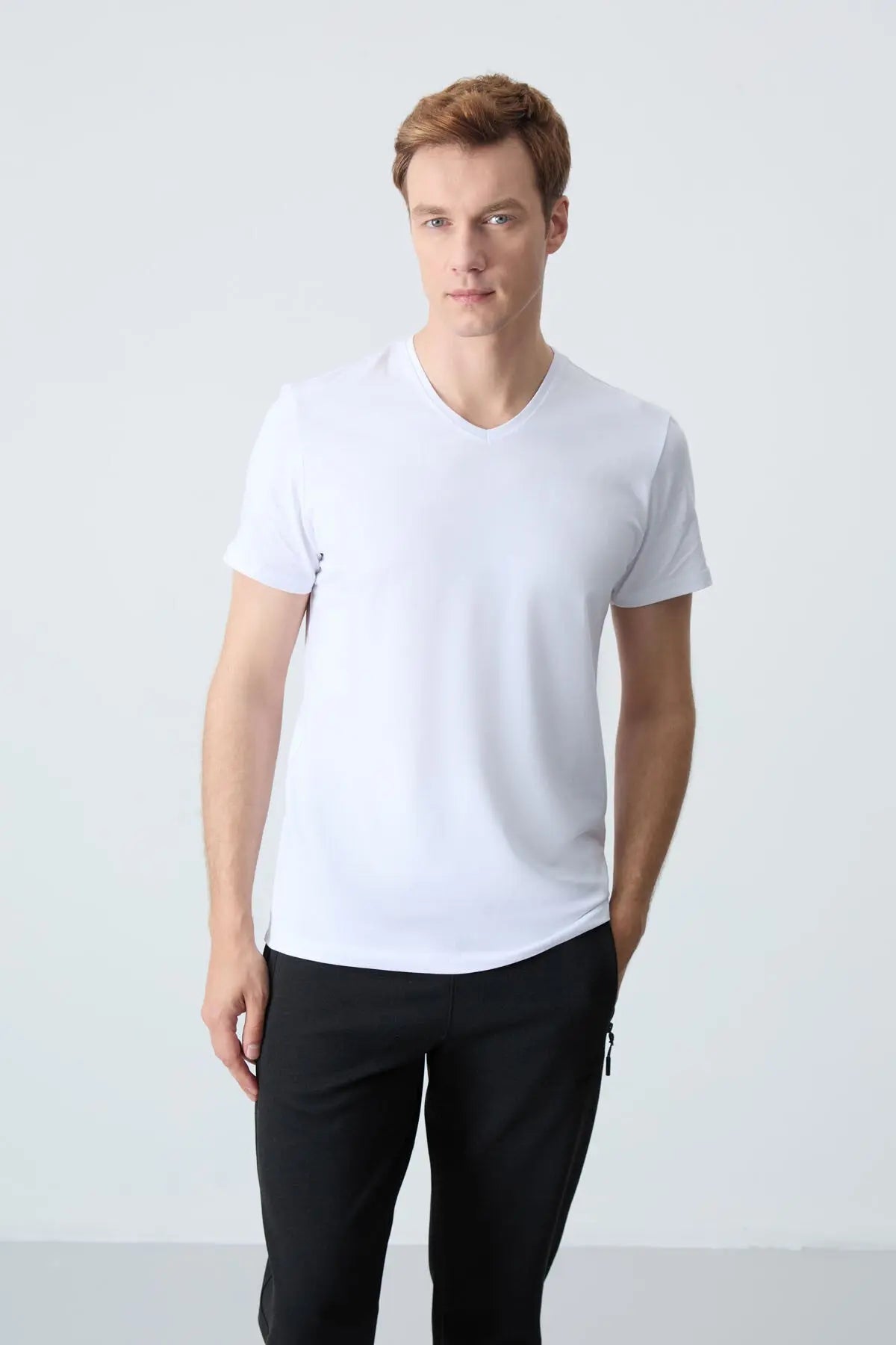 basic kisa kol standart kalip v yaka erkek t-shirt - 87912 - Justyol