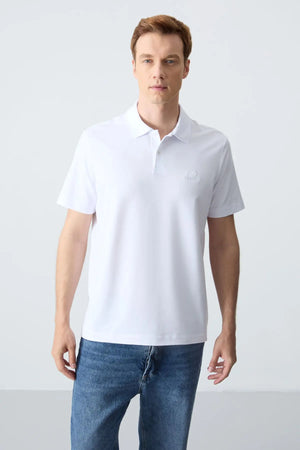 basic logolu standart kalip triko polo yaka erkek t-shirt - 87748 - Justyol