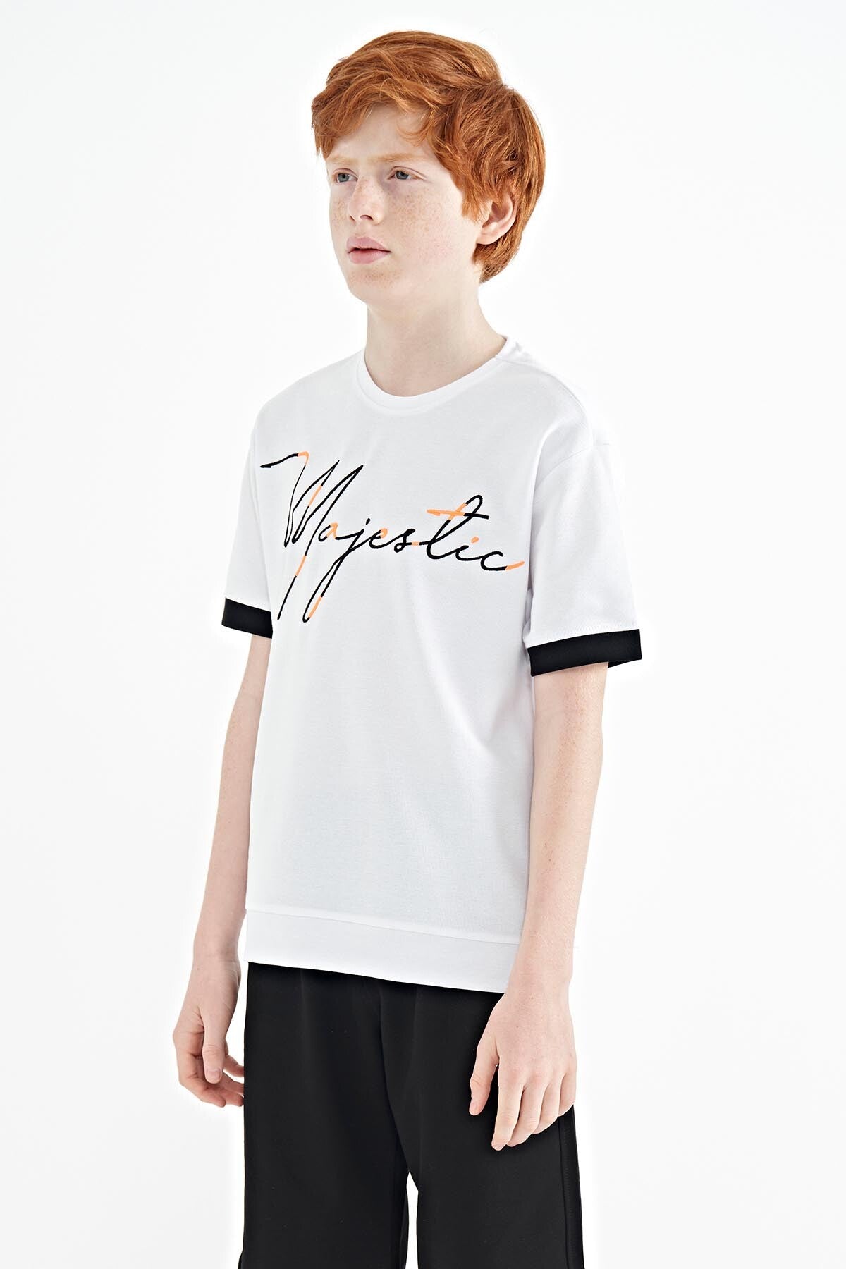 ön yazi nakişli o yaka oversize erkek çocuk t-shirt - 11147 - Justyol