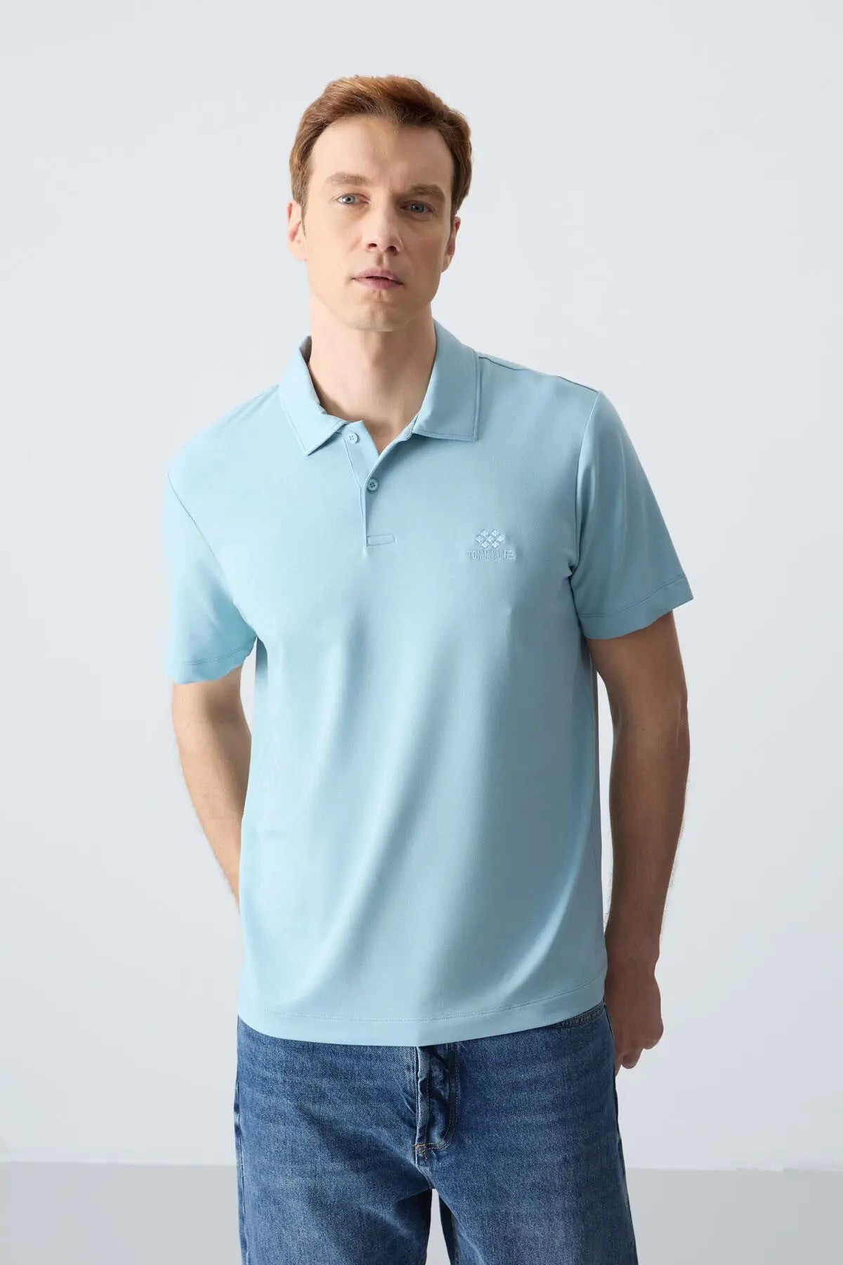basic logolu standart kalip triko polo yaka erkek t-shirt - 87748 - Justyol