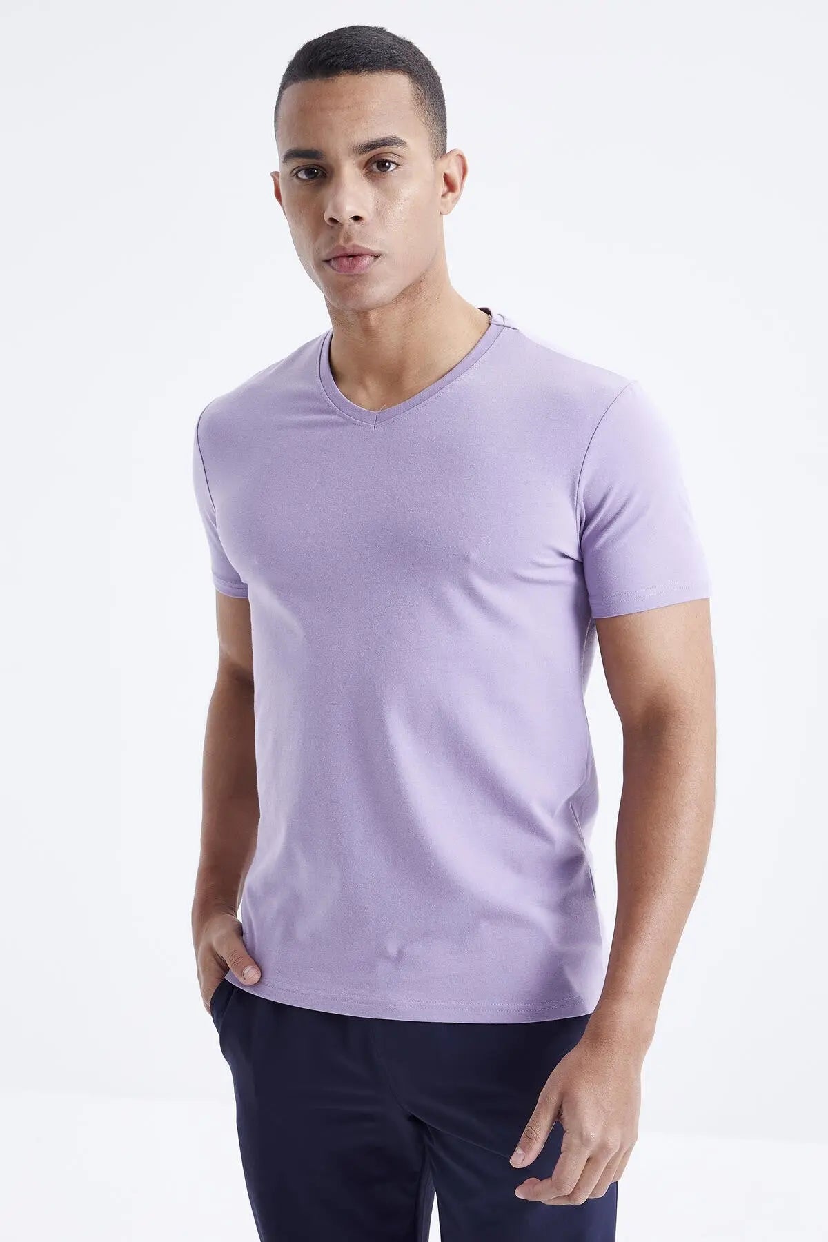 basic kisa kol standart kalip v yaka erkek t-shirt - 87912 - Justyol