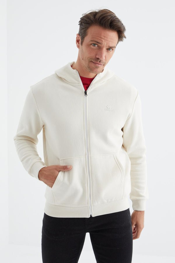 basic kapüşonlu rahat form nakiş detayli fermuarli erkek sweatshirt - 88035 - Justyol