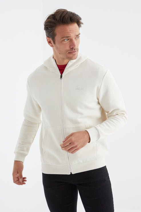 basic kapüşonlu rahat form nakiş detayli fermuarli erkek sweatshirt - 88035 - Justyol