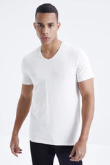 basic kisa kol standart kalip v yaka erkek t-shirt - 87912 - Justyol