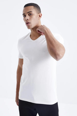 basic kisa kol standart kalip v yaka erkek t-shirt - 87912 - Justyol